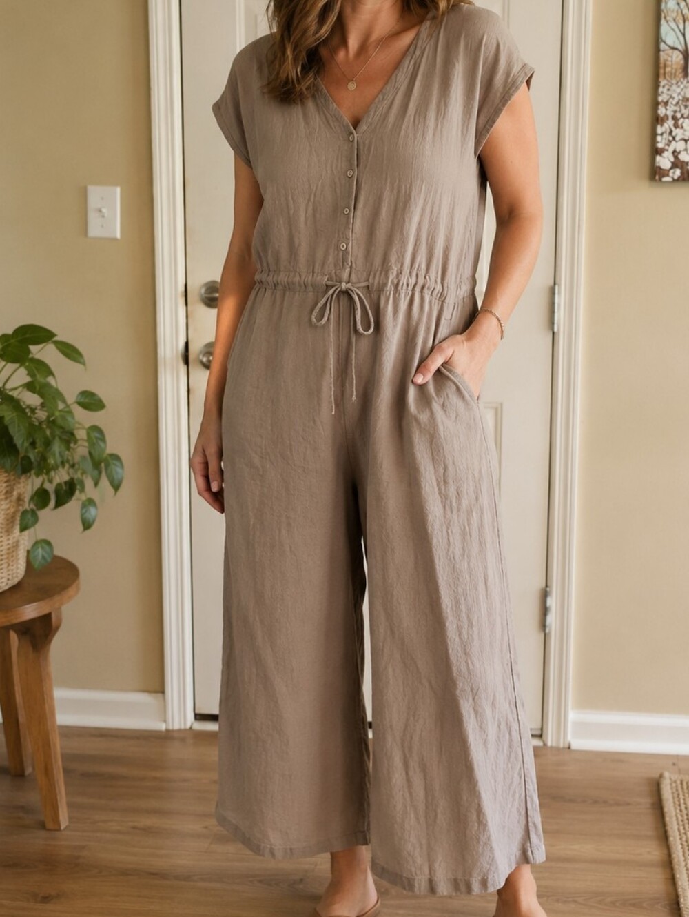 OH MY GAUZE! Tan Jumpsuit sz 2 Cotton Pockets Comfortable Drawstring Waist